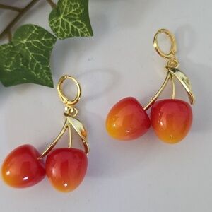 Gold Filled Huggie Hoop Cherry Drop Earrings
